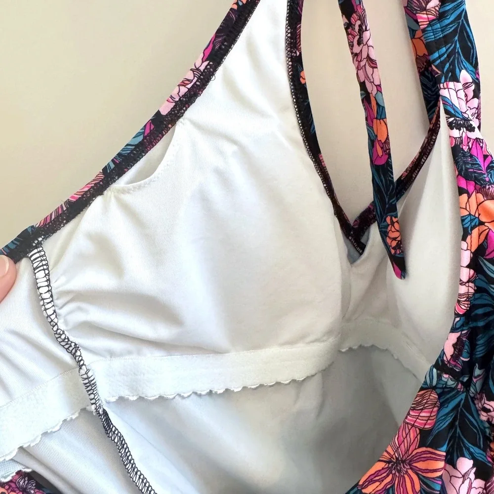 Venus Floral Halter Tankini Top Ruched‎ Side Swimwear Pink Teal Orange Size 6